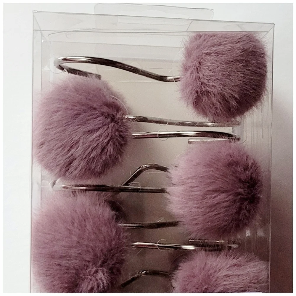 Faux Fur Pom Pom Shower Hook Set Purple
